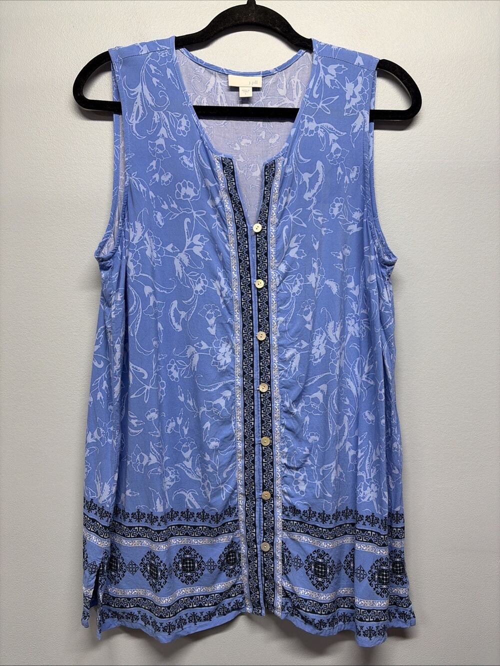J. Jill Blue Floral Button-up Front Tank Top/Sleeveless Blouse Sz Large/ V-neck